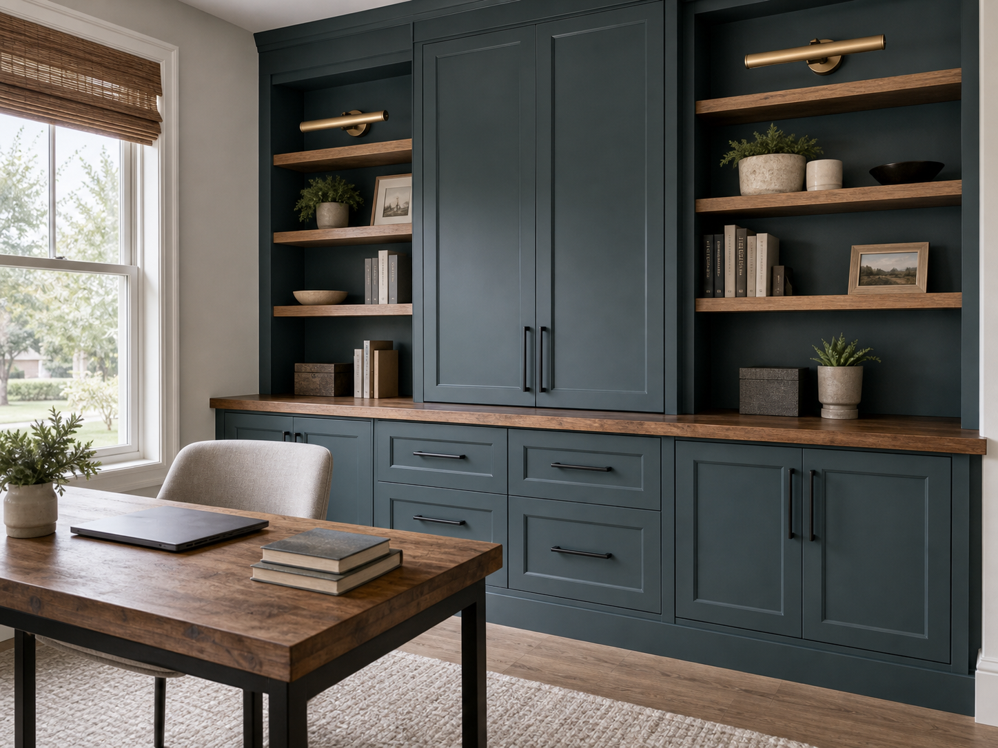 Professionally refinished blue-green built-in cabinets