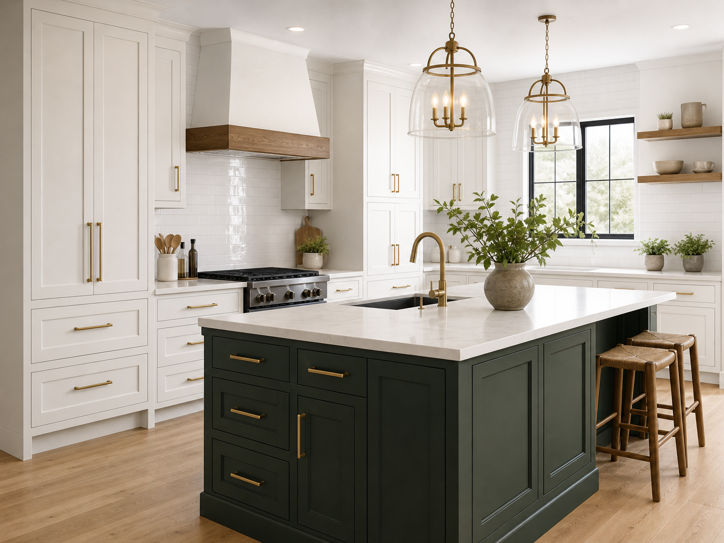 Refinished white kitchen cabinets with a green island